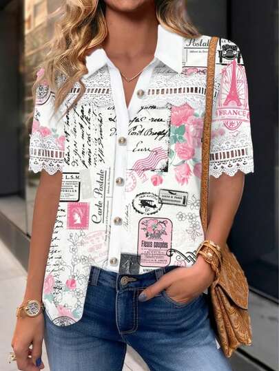 Áo sơ mi nữ tay ngắn cài một hàng khuy, phối ren, in họa tiết hoa và khẩu hiệu, thích hợp cho mùa hè.