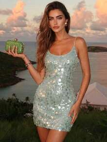 Women's Elegant Mint Green Sequin Spaghetti Strap Bodycon Mini Dress, Sexy Club Party Outfit - Mint Green - View 6
