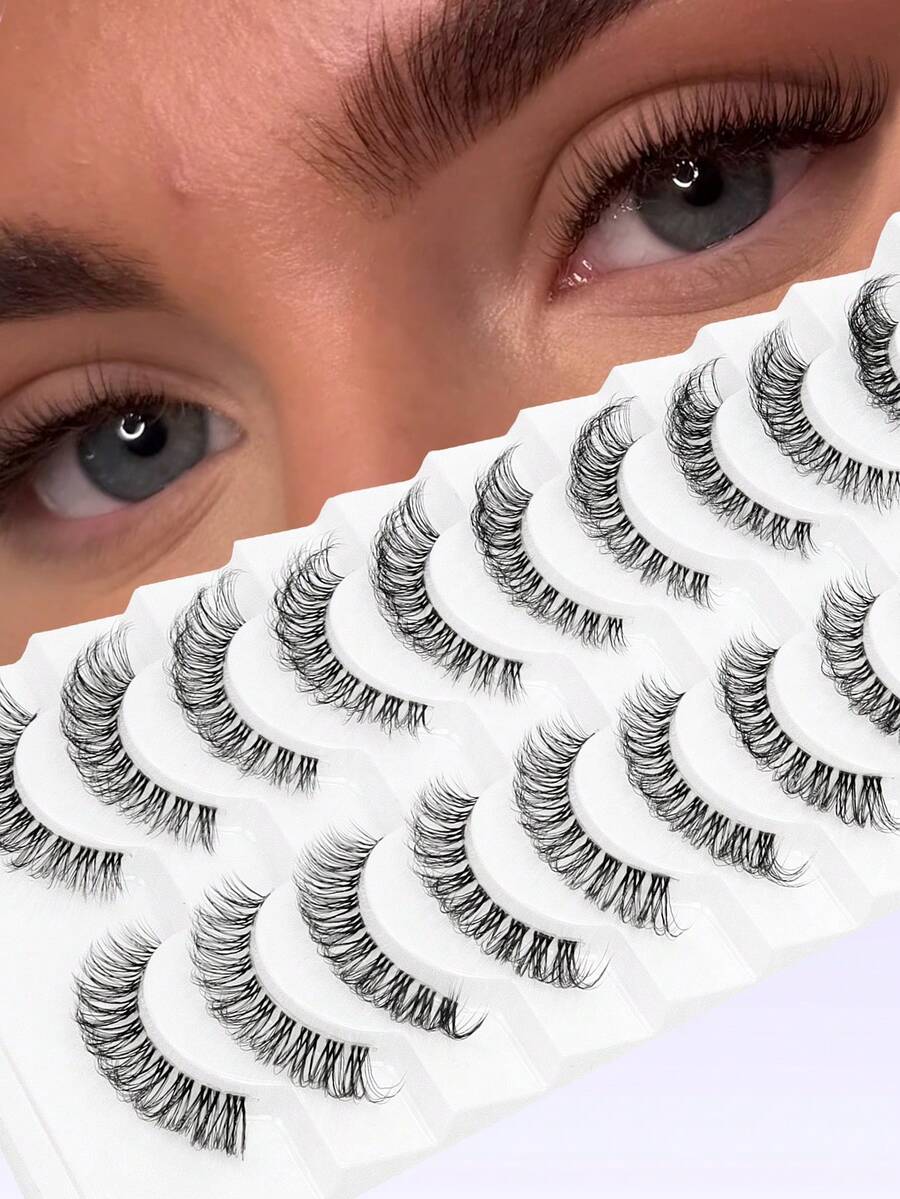 False Eyelashes Fox Eye 10 Pairs Pack 3D Natural Look Fluffy Wispy Cat Eye Lashes Soft Faux Mink Lashes Lightweight D-Curl Clear Band Eyealshes - Black - View 1