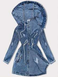 Denim Jacket With Hood, Denim Jacket With Drawstring Waist, Button Closure, 2 Pockets, Buttoned Cuffs, Straight Cut, Mid-Thigh Length, Casual, Spring/Summer - Blue - View 3