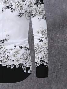 1 chiếc áo sơ mi dài tay dáng rộng in họa tiết hoa hồng đen trắng, thời trang, thích hợp cho kỳ nghỉ xuân/thu, chất liệu polyester. - màu đen - Xem 4