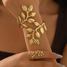 欧美金属3D叶形手镯戒指套装，可调节 - 金色 - 查看 4