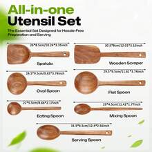 AIUHI 7pcs Wooden Cooking Spoon Set Wok Turners Natural Wooden Utensil Kitchen Spatula Set Skimmer Spoon Wood Turner Cutlery Set Wooden Spatula Soup Spoons - Brown - View 2