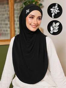 1pc Women's Solid Color Rhinestone Headscarf, Elastic Chin Cover Headscarf, Soft Comfortable Minimalist Headscarf, Suitable For Daily Abaya Wear, All Seasons - Solid Color - Hot-fix Rhinestone Design - View 12