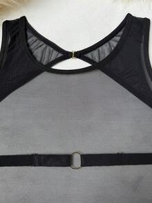 Women's 2-Piece Sheer Mesh Lingerie Set, Sleeveless Hollow Out Dress With Thong And Garter Belt, Sexy Back Buckle Design - Black - View 8