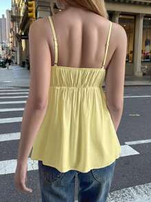 女士Y2K风格V领纯色吊带背心，性感休闲街头风居家服，黄色夏季款 - 黃色 - 查看 11