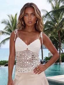 Women Sequin Crochet Knit Camisole Slim Hollow Out V Neck Spaghetti Strap Open Back Tops for Summer Beach Party - Beis - Ver 2
