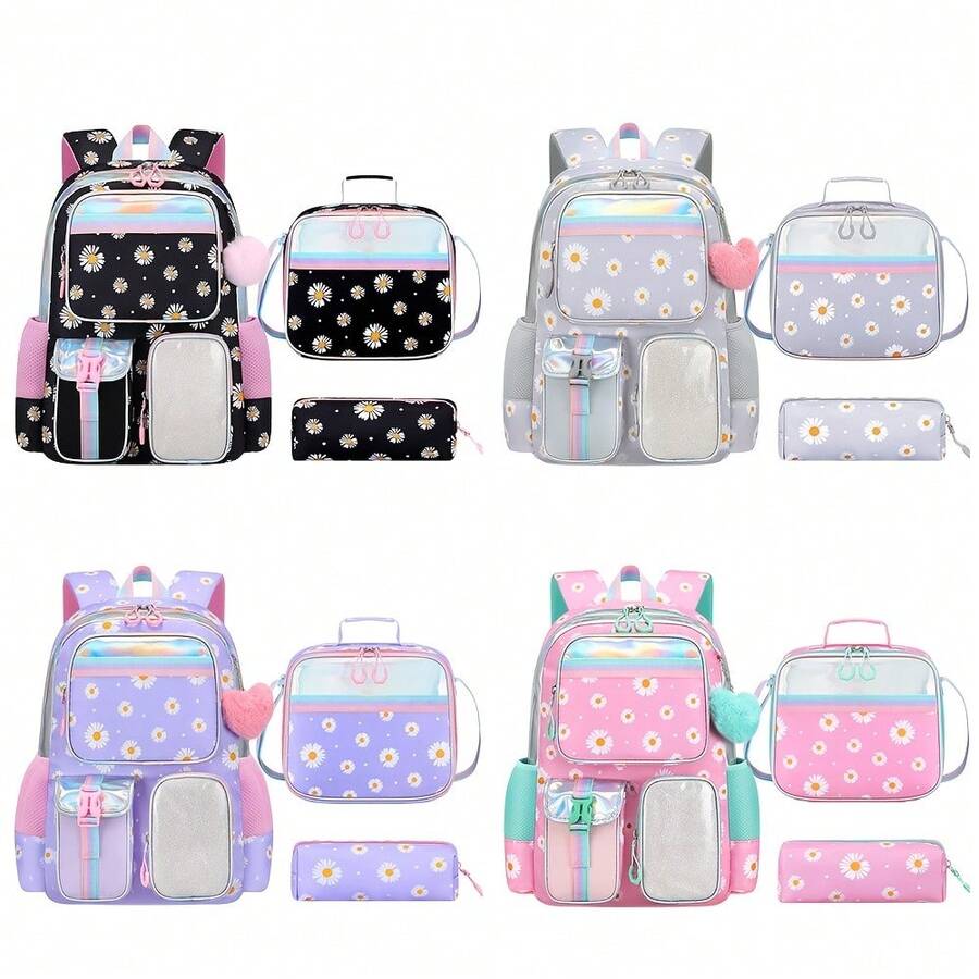 3pcs/Set Women Lightweight High Density Nylon Zipper Closure Backpacks, Suitable For School And Daily Use - A - View 1