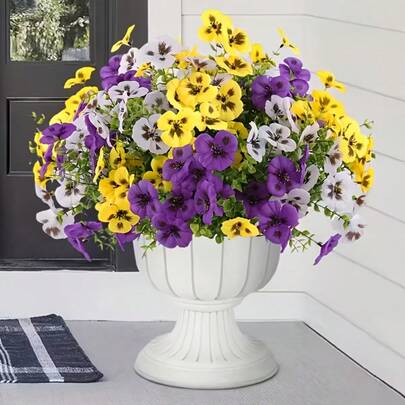 12支混合三色紫色人造花，紫黄白花束，春季家居装饰之选，适用于家居花园、阳台、门廊、拱门、窗台、花箱，室内外均可使用 - 无忧花卉装饰，人造花/植物/仿真花