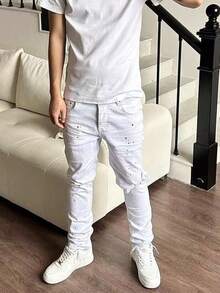 Men's Jeans With Splattered Ink, Ripped Holes, Slim Fit And Stacked Feeling, Suitable For Fashionable Pencil Shorts For Men And Women - White - View 7