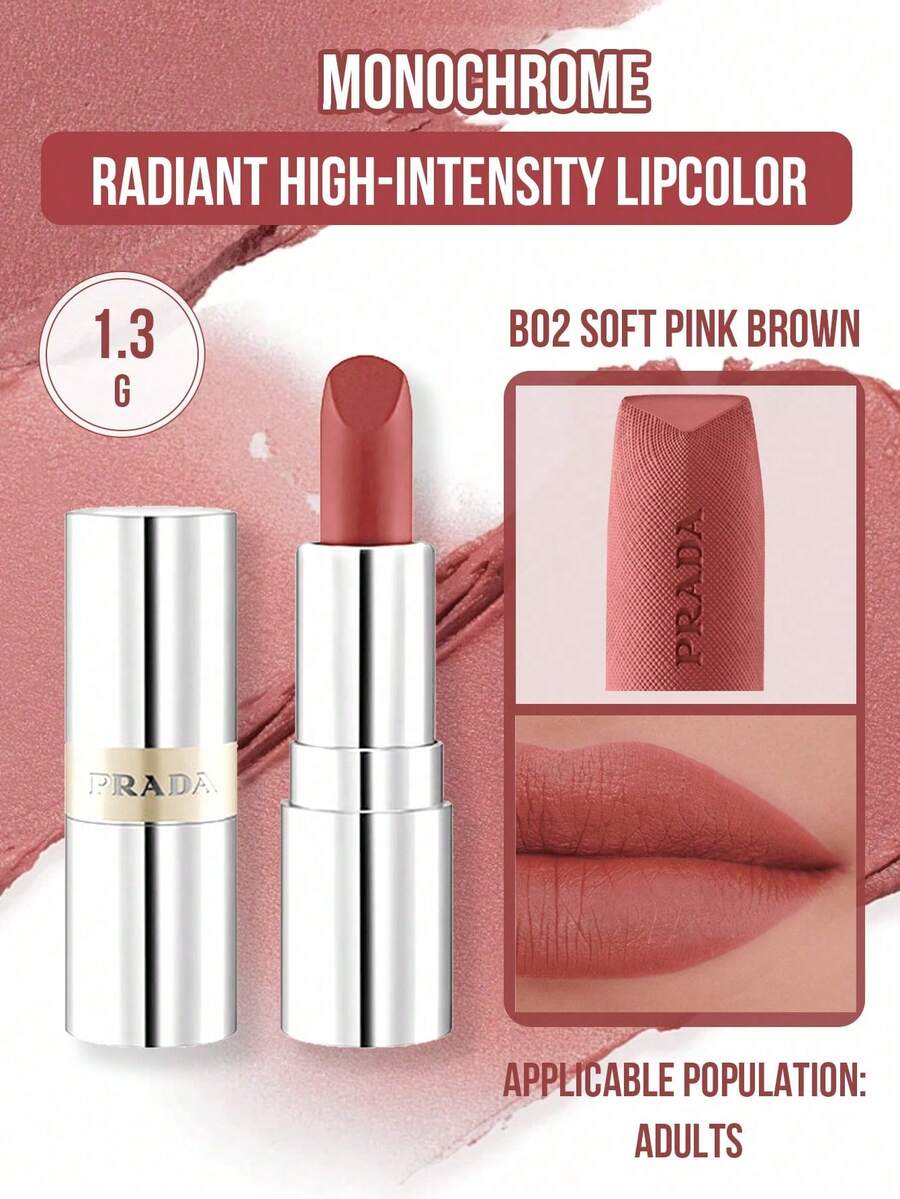 Sampel Prada Color Sensational Lipstick #B02, 1,3g. Tahan lama dan ringan, dengan hasil akhir matte yang halus, sangat berpigmen, tidak membuat bibir kering dan tidak mudah luntur, cocok untuk riasan natural sehari-hari.