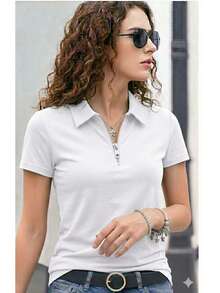 Women's Premium Polo Shirt With Zipper - White - View 5