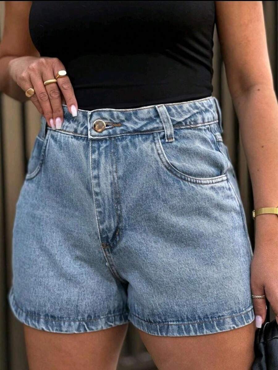 Denim Shorts With Folded Hem, 100% Cotton - 霧霾藍 - 查看 1