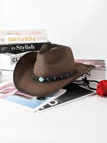 1pc Solid Color Bohemian Casual Straw Jewel Cowboy Beach Hat, Sunscreen, Suitable For All Seasons, Unisex, Versatile For Commuting - Teardrop Hat - View 39