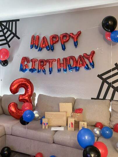 14pcs Cartoon Birthday Balloon Set, Includes 16" Happy Birthday Banner, 32" Red Number Balloons 1-9, Spider-Hero Theme, Suitable For Birthday Party, Indoor Photo Decoration