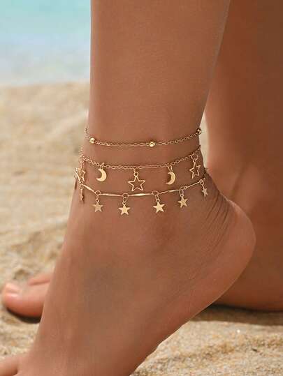 3pcs/Set Fashionable Elegant Star & Moon Tassel Anklet, Multi-Layer Gold Chain Layered Foot Jewelry Suitable For Daily Wear And Vacation, Chain Length Customizable