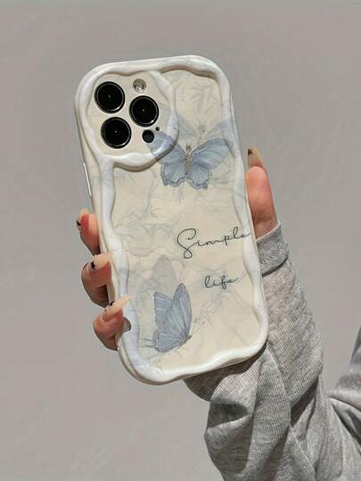 Funda de teléfono con textura de crema, borde ondulado brillante y mariposa pintada a prueba de caídas compatible con iPhone 17pro/17Air /17/17promax16/11/16pro/16plus/16promax/16e/15Promax/13/14/12/XS/XR/7G/8P, compatible con Samsung Galaxy 11/12Pro/12/12X/13Pro/14Pro/15Pro/, compatible con 10/9/Note9/12c/Note11pro/Note8Pro