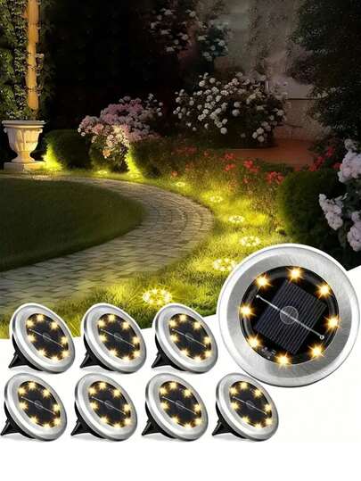 1个8/12/16/20颗LED太阳能地灯，黄光，太阳能供电，防水户外太阳能灯，太阳能景观照明，适用于花园、庭院、露台、小径、走道、泳池边、阳台、别墅花园、节日装饰，提升户外氛围和美感，营造节日气氛