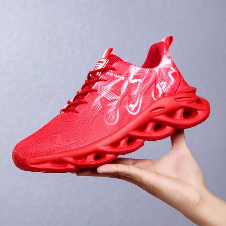 Sailuopu 2026新款男士系带运动鞋，轻便舒适，火焰图案街头嘻哈休闲鞋，EVA耐磨鞋底，适合学生和青少年，跑步和运动，撞色网面鞋面 - 紅色 - 查看 11