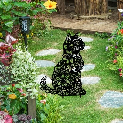 1pc Metal Floral Cat Garden Stake With Cat & Paw Print Pattern - Outdoor Yard Decor, Suitable For Patio, Lawn, Cat Lover Christmas Gift, Durable Iron Ground Stake