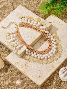 1pc Bohemian Style Exaggerated Beaded Vintage Coin Anklet, Suitable For Beach Holiday Wear - Gold - View 4