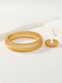 两件套中东斋月沙特阿拉伯风格镀金镂空宽手镯和戒指首饰套装，包含1个手镯和1枚戒指 - 金黃色 - 查看 2