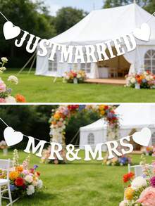 2pcs/Set "Just Married" & "Mr Mrs" Heart Shaped Letter Garland, Wedding Ceremony Decoration Banner, Indoor/Outdoor Romantic Backdrop, Wedding Photo Props,Beach - White - View 4