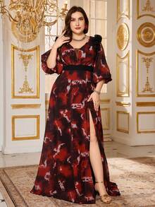 SUPGIR Plus Women's [Random Cut] V-Neck Bubble Sleeve Narrow Waist High Slit All Over Print Chiffon Formal Evening Dress - Red - View 1