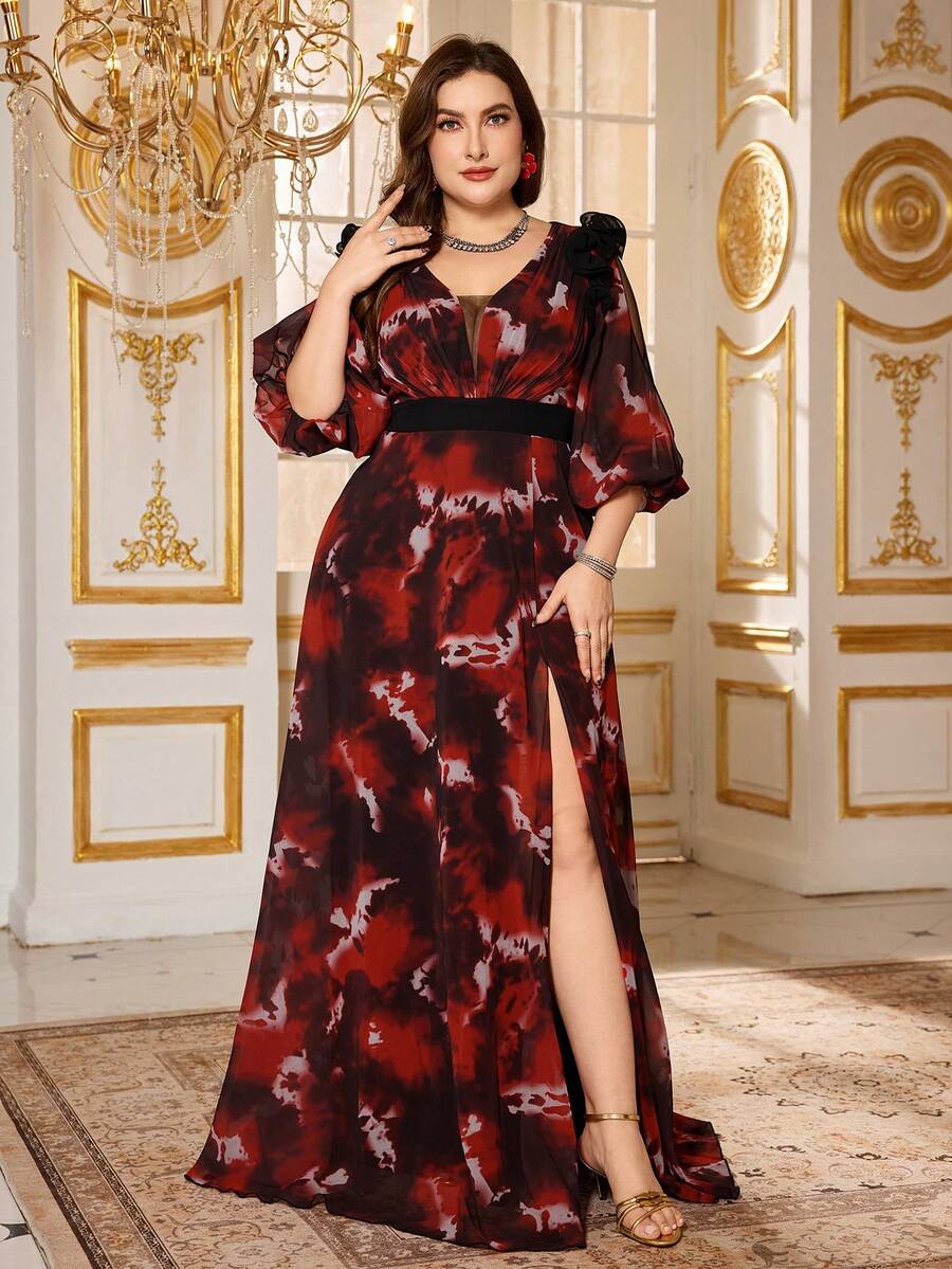 SUPGIR Plus Women's [Random Cut] V-Neck Bubble Sleeve Narrow Waist High Slit All Over Print Chiffon Formal Evening Dress - Red - View 1