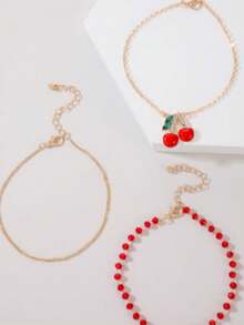 3件套甜美樱桃吊坠脚链，可爱樱桃流苏脚链套装，时尚百搭，适合日常佩戴、海滩派对等场合。 - 彩色 - 查看 4