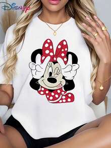 Women's Casual Short Sleeve Round Neck Disney Minnie Mouse Print Cotton T-Shirt - 白色 - 查看 1