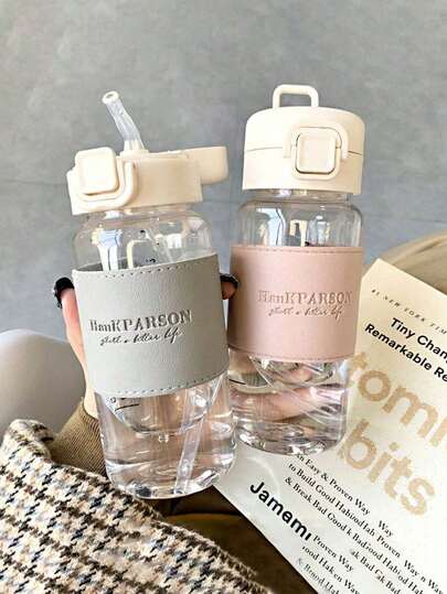Botella de agua de plástico de alta calidad con pajita, estilo japonés simple y fresco, resistente al calor, adecuada tanto para hombres como para mujeres, para uso en exteriores, camping