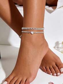 1 pieza Tobillera bohemia multicapa en forma de corazón para mujer, cadena para el pie estilo playa de verano - forma de corazon - Ver 9