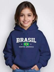 Blusa Moletom Infantil Canguru Capuz Inverno Brasil South Am Escola Shopping Lazer Menino Menina Premium Térmico Roupas Confortáveis - Azul-marinho - Visão 2
