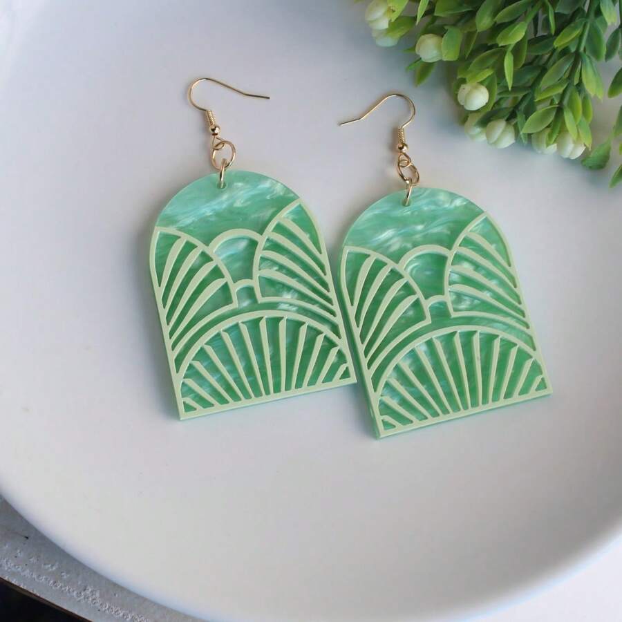 水波纹薄荷绿几何镂空拱形耳坠，女士款，亚克力双层组合3D效果独特耳环，春夏礼物