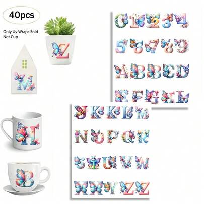 40 miếng giấy chuyển nhiệt UV DTF hình bướm, chữ cái và số, hoa từ A-Z, dùng để dán lên ly, cốc, chai, gỗ, nhựa, thủy tinh, kim loại, gốm sứ. Món quà hoàn hảo cho phụ nữ và bạn bè thân thiết.
