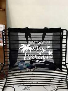 Large Mesh Beach Tote Bag Set For Women, Printed With "Just Another Day In Paradise" Letter Pattern, Mesh Tote Bag + Small Pouch + Straw Sun Hat + Heart Sunglasses, Mesh Beach Bag, Personalized Gift Bag, Mesh Cosmetic Bag, Swimming Beach Bag, Reusable Lightweight And Durable Shoulder Bag, Multifunctional Travel Handbag - Multicolor - View 9