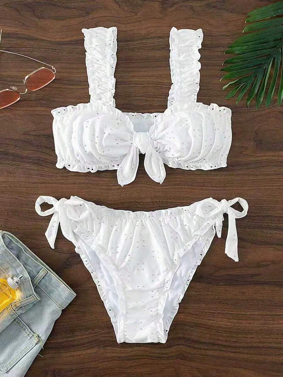 Bộ bikini mùa hè ngọt ngào với áo yếm xếp nếp và bikini tam giác buộc dây bên hông, kiểu dáng dự tiệc bãi biển, màu trắng. - trắng - Xem 1