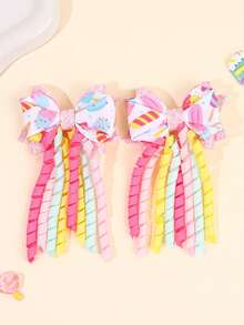 2PCS Cute Ice Cream Dessert Printing Tassel Bow Hair Clip Grit Swallow Tail Curling Hair Bows Suitable For Birthday Parties And Daily Photography Props Hair Clips Teenager Hair Accessories - Multicolor - View 6