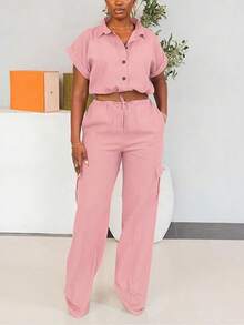 CALEBGAR Women's Cargo 2-Piece Set - Short Sleeve Button Crop Top & Wide Leg Pants |   Casual Tracksuit |   Streetwear Loungewear - Hồng - Xem 1