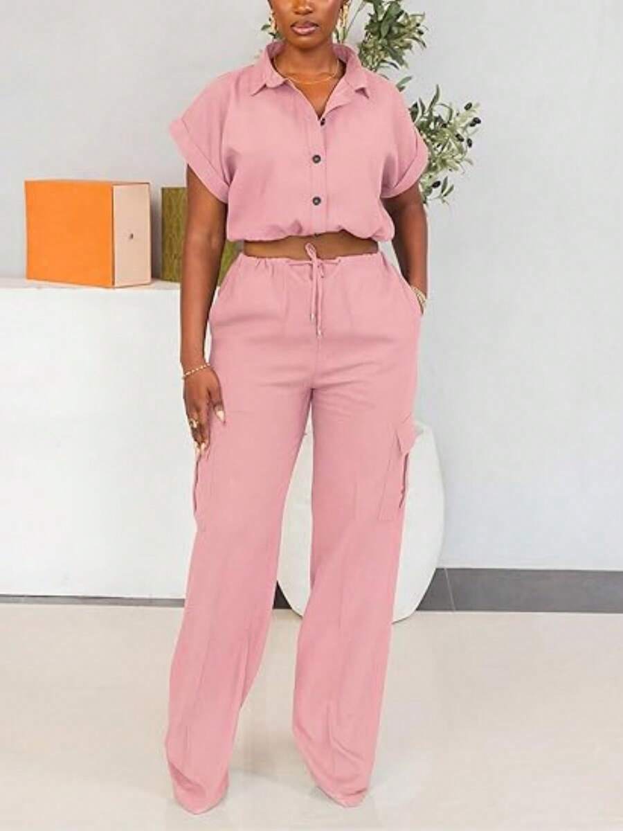 CALEBGAR Women's Cargo 2-Piece Set - Short Sleeve Button Crop Top & Wide Leg Pants |   Casual Tracksuit |   Streetwear Loungewear - Hồng - Xem 1