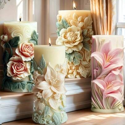 四件套花卉硅胶模具套装 - 牡丹/百合/玫瑰，适用于制作蜡烛、树脂首饰、香薰机、肥皂和多肉植物盆栽，母亲节/婚礼DIY礼品套装