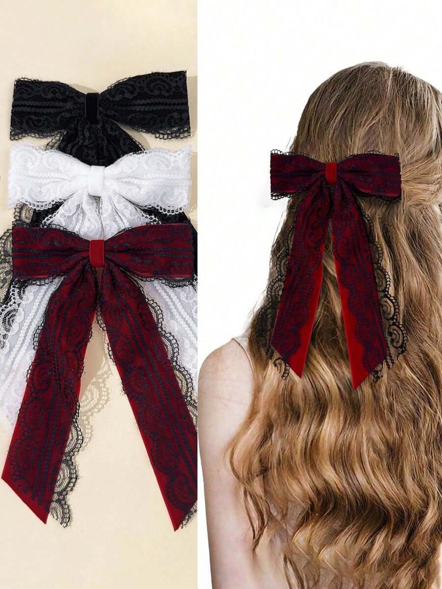 1pc Lace Bow Hair Clip, Vintage Velvet Hair Accessory, Fashion Hair Decoration For Women, Claw Clips,Summer,Holiday,Travel - Multicolor - View 1