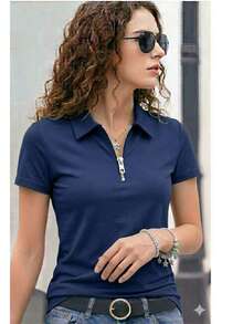 Women's Premium Polo Shirt With Zipper - Navy Blue - View 2