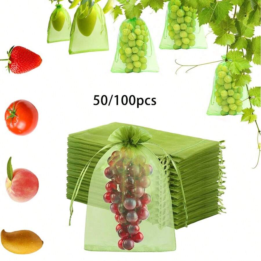 50/100pcs Fruit Protection Bags, Fruit Tree Guard Net Cover, Mesh Fruit Bags For Fruit Protection, Organic Mesh Bags, Green Vegetable Net Bags, Reusable - 100PCS - View 1