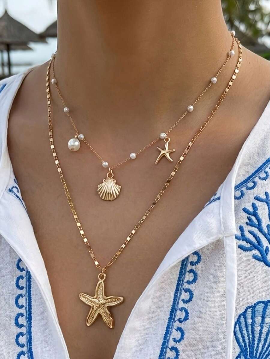 Bộ 1 vòng cổ nhiều lớp hình sao biển và vỏ sò giả ngọc trai kiểu dáng nghỉ mát mùa hè, thích hợp cho phụ nữ đeo trong các kỳ nghỉ biển. - Vàng - Xem 1