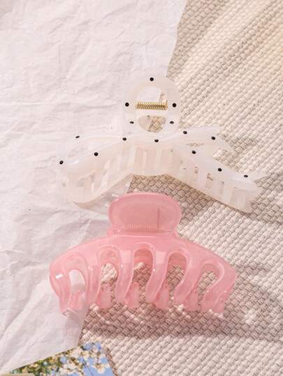 2pcs Women's 4.33in/11cm Straight Claw Polka Dot Lightweight Plastic Hair Clips, Bow Hair Clips, White Frame, Fashion Multifunctional High-End Elegant Minimalist Solid Color Hair Clips, Suitable For Casual Wear, Parties, Commuting, Beach Activities, Buns, Ponytails, Face Washing, Makeup And Fashion Accessories