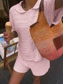 女士两件套，春夏短袖纯色纽扣针织开衫+松紧腰短裤，休闲可爱宽松度假沙滩两件套 粉色 - 粉色 - 查看 3