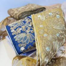 100厘米刺绣欧根纱缎带 - 花卉和菱形图案，饰以金色金属点缀，高品质面料，适用于DIY服装、配饰、家居装饰 - 混色，缝纫饰边，时尚装饰，闪亮点缀 - 杏色 - 查看 5