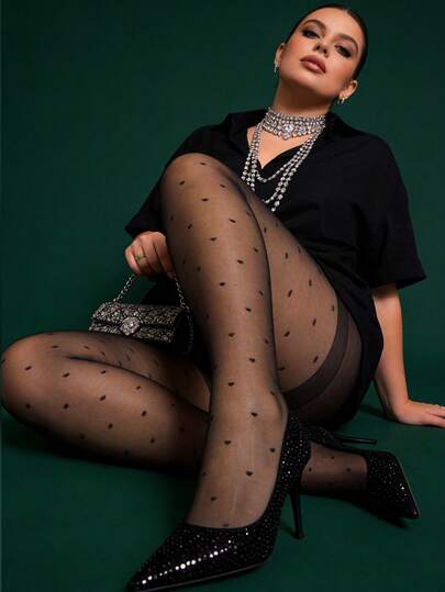 1pc 20D Transparent Heart-Shaped Tight Leggings For Women, Breathable Sexy Seamless Heart Print Black Stockings, Comfortable Soft Pantyhose, All-Match Versatile Tights, Suitable For Home, Work, Halloween, Christmas